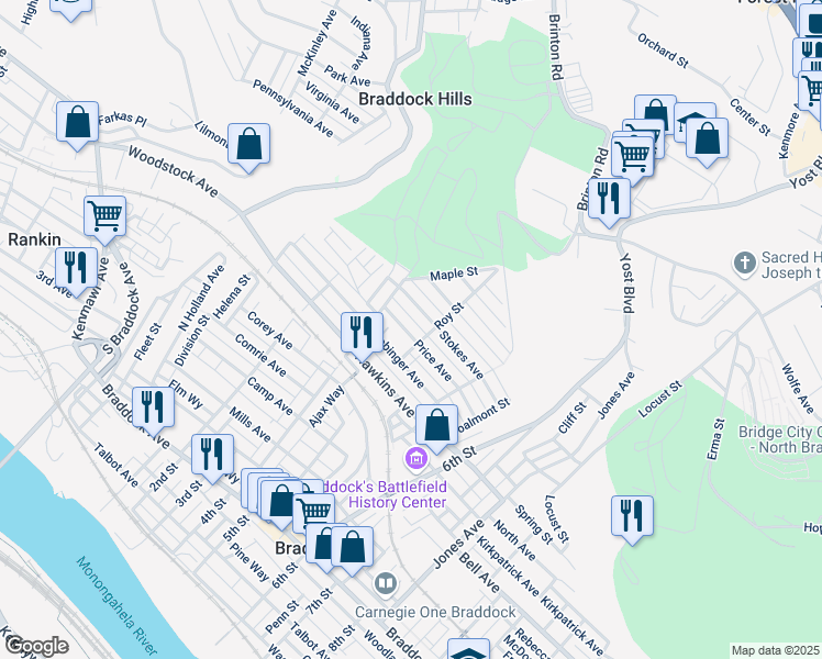 map of restaurants, bars, coffee shops, grocery stores, and more near 427 Price Avenue in Braddock