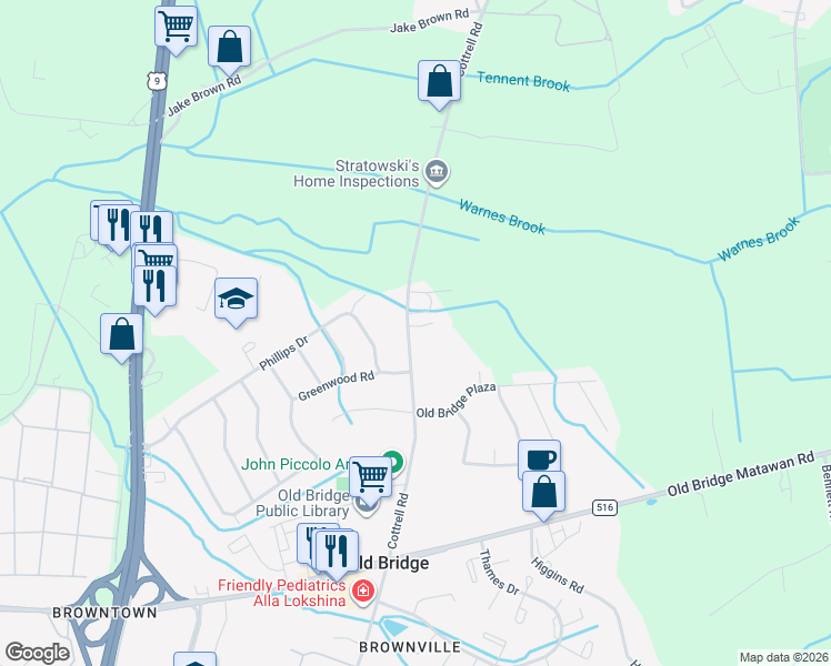 map of restaurants, bars, coffee shops, grocery stores, and more near 8 Cottrell Court in Old Bridge
