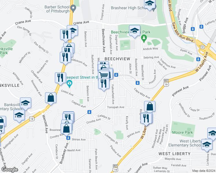 map of restaurants, bars, coffee shops, grocery stores, and more near 1619 Broadway Avenue in Pittsburgh