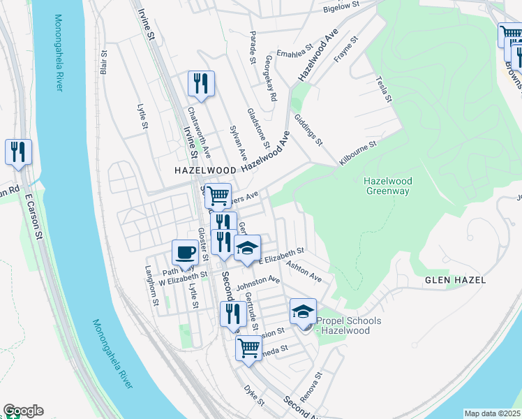 map of restaurants, bars, coffee shops, grocery stores, and more near 233 Glen Caladh Street in Pittsburgh