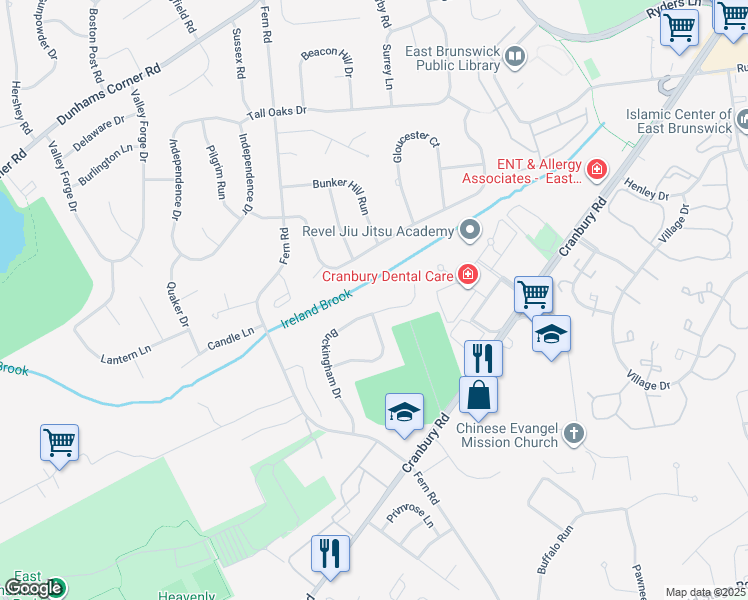 map of restaurants, bars, coffee shops, grocery stores, and more near 24 Buckingham Drive in East Brunswick
