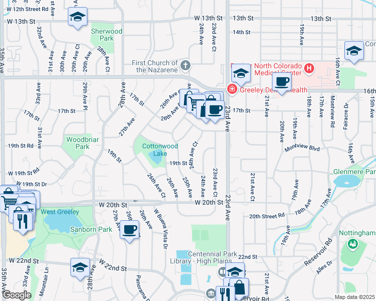 map of restaurants, bars, coffee shops, grocery stores, and more near 1843 24th Avenue Place in Greeley