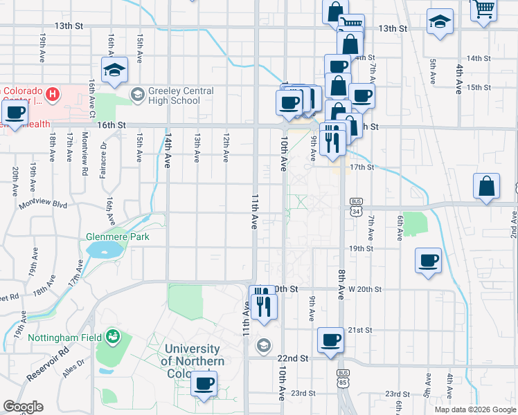 map of restaurants, bars, coffee shops, grocery stores, and more near 1029 Cranford Place in Greeley