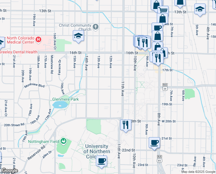 map of restaurants, bars, coffee shops, grocery stores, and more near 1831 12th Avenue in Greeley