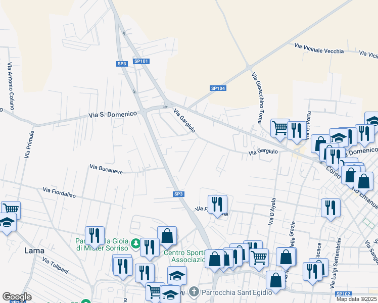 map of restaurants, bars, coffee shops, grocery stores, and more near 21b Via Ruggiero in Taranto