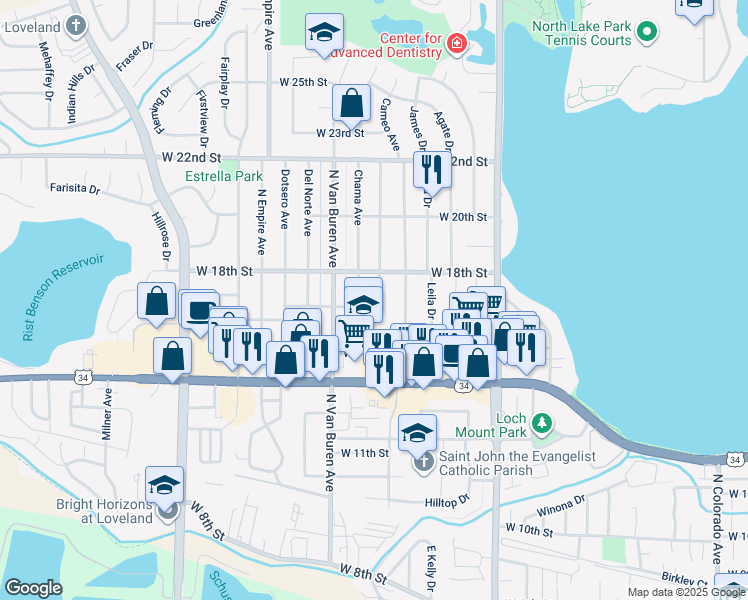 map of restaurants, bars, coffee shops, grocery stores, and more near 1709 Cameo Avenue in Loveland