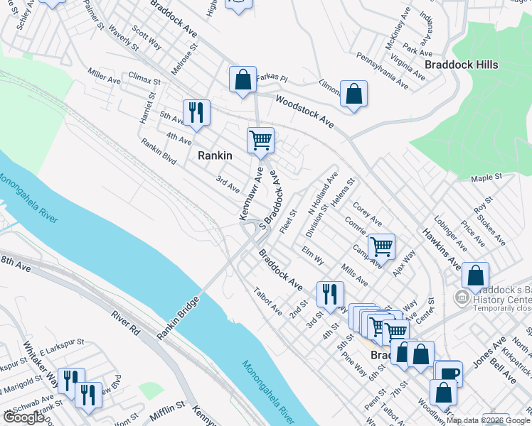 map of restaurants, bars, coffee shops, grocery stores, and more near 13 3rd Avenue in Braddock