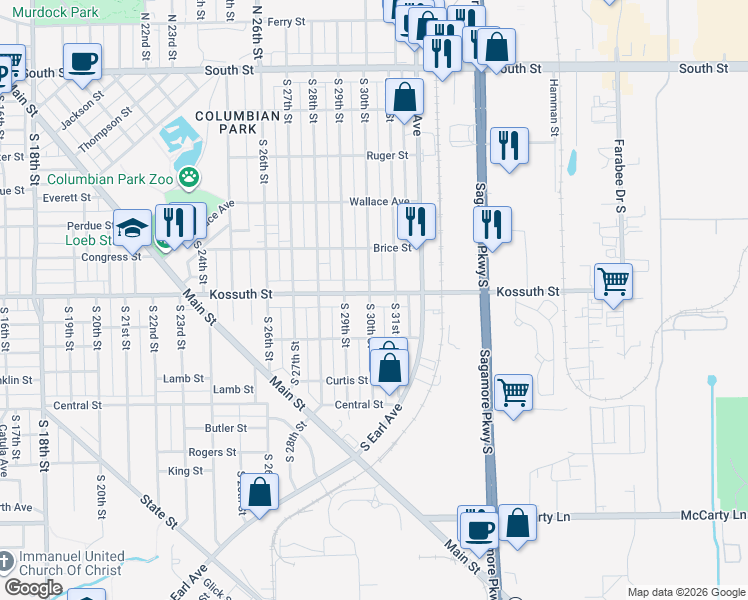 map of restaurants, bars, coffee shops, grocery stores, and more near 3001 Kossuth Street in Lafayette