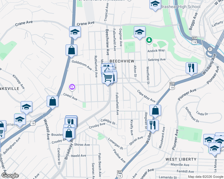 map of restaurants, bars, coffee shops, grocery stores, and more near in Pittsburgh