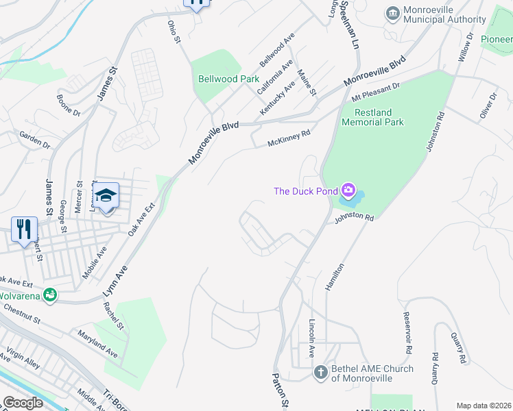 map of restaurants, bars, coffee shops, grocery stores, and more near 418 Shady Ridge Drive in Monroeville