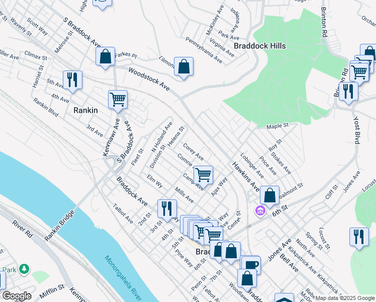 map of restaurants, bars, coffee shops, grocery stores, and more near 122 Corey Avenue in Braddock