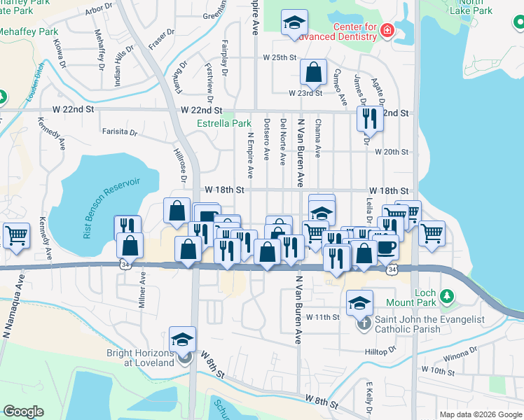 map of restaurants, bars, coffee shops, grocery stores, and more near 1713 North Dotsero Avenue in Loveland