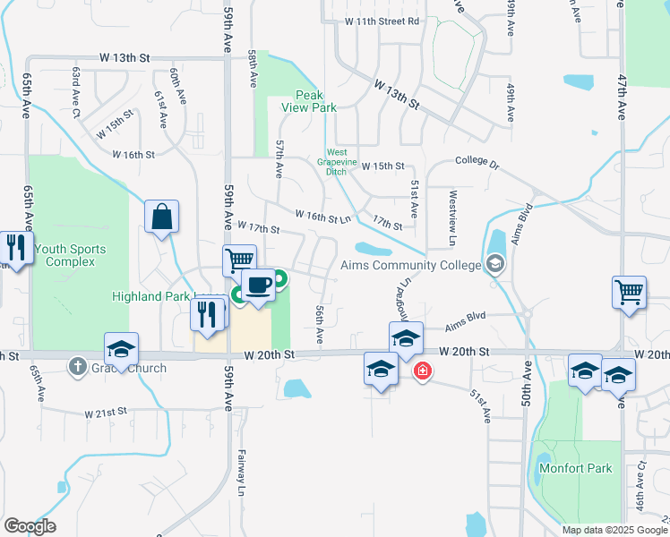 map of restaurants, bars, coffee shops, grocery stores, and more near 37 56th Avenue in Greeley