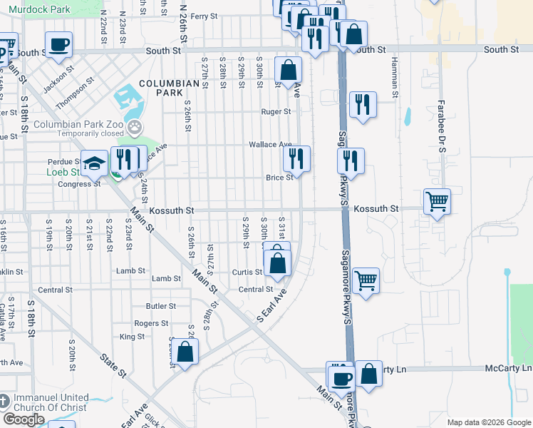 map of restaurants, bars, coffee shops, grocery stores, and more near 3015 Kossuth Street in Lafayette