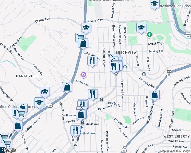 map of restaurants, bars, coffee shops, grocery stores, and more near 1609 Alverado Avenue in Pittsburgh