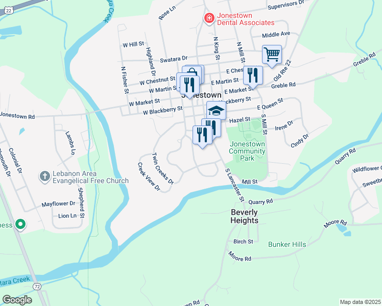 map of restaurants, bars, coffee shops, grocery stores, and more near 316 Swatara Creek Drive in Jonestown