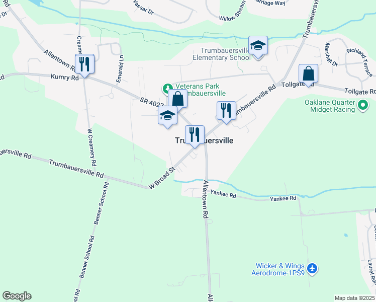 map of restaurants, bars, coffee shops, grocery stores, and more near 33 West Broad Street in Trumbauersville