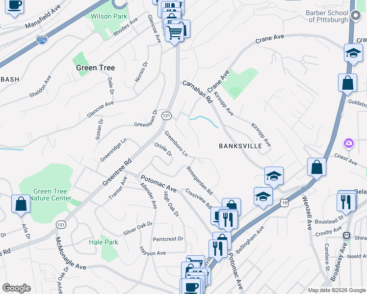 map of restaurants, bars, coffee shops, grocery stores, and more near 109 Greenboro Ln in Pittsburgh