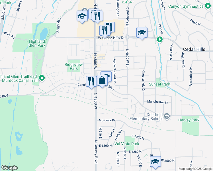 map of restaurants, bars, coffee shops, grocery stores, and more near 4631 West Harvey Boulevard in Cedar Hills