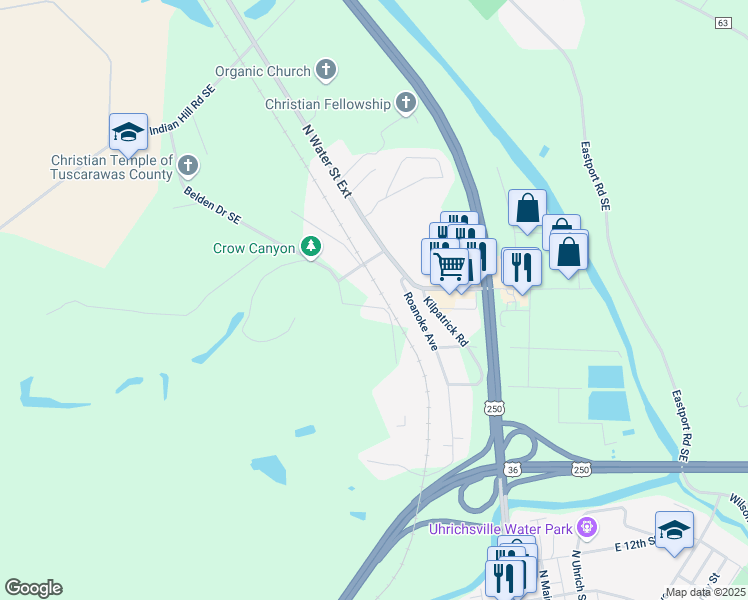 map of restaurants, bars, coffee shops, grocery stores, and more near 4629 Belden Drive Southeast in Uhrichsville
