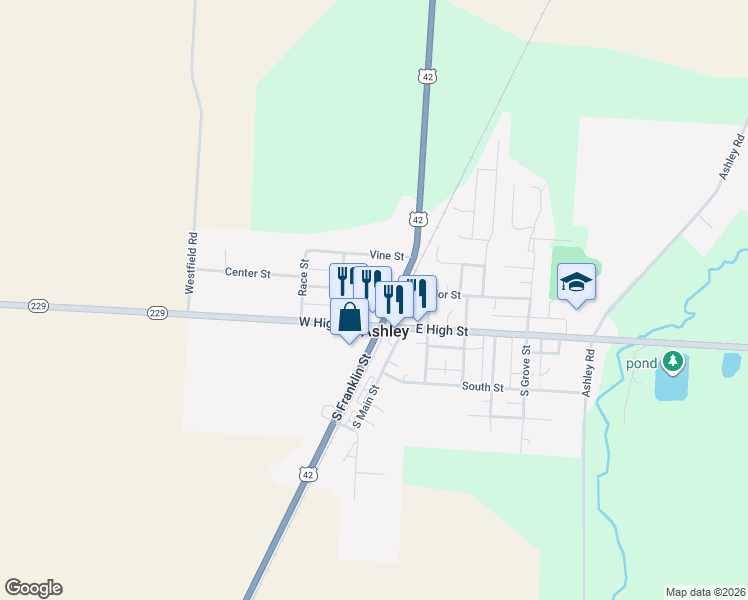 map of restaurants, bars, coffee shops, grocery stores, and more near 5 West Taylor Street in Ashley