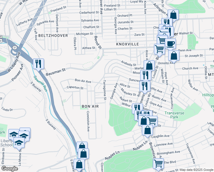 map of restaurants, bars, coffee shops, grocery stores, and more near 428 Alice Street in Pittsburgh