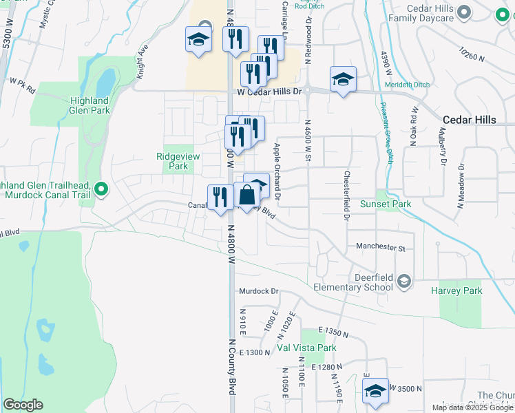 map of restaurants, bars, coffee shops, grocery stores, and more near 4353 West Harvey Boulevard in Pleasant Grove