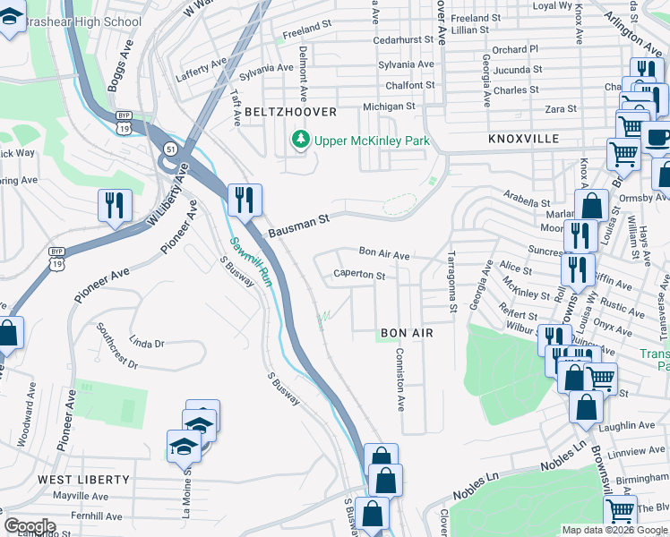 map of restaurants, bars, coffee shops, grocery stores, and more near 221 Caperton Street in Pittsburgh
