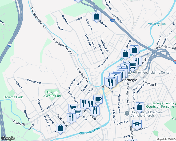 map of restaurants, bars, coffee shops, grocery stores, and more near 225 Railroad Ave in Carnegie
