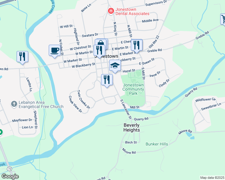 map of restaurants, bars, coffee shops, grocery stores, and more near 217 South Lancaster Street in Jonestown