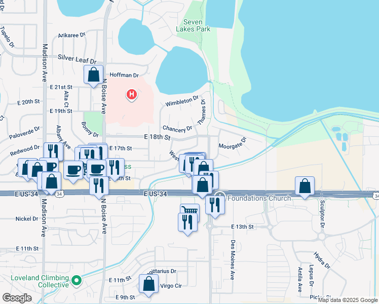 map of restaurants, bars, coffee shops, grocery stores, and more near 2126 Chelsea Drive in Loveland