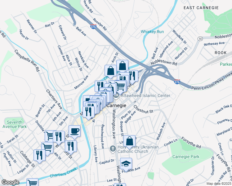 map of restaurants, bars, coffee shops, grocery stores, and more near 341 East Main Street in Carnegie