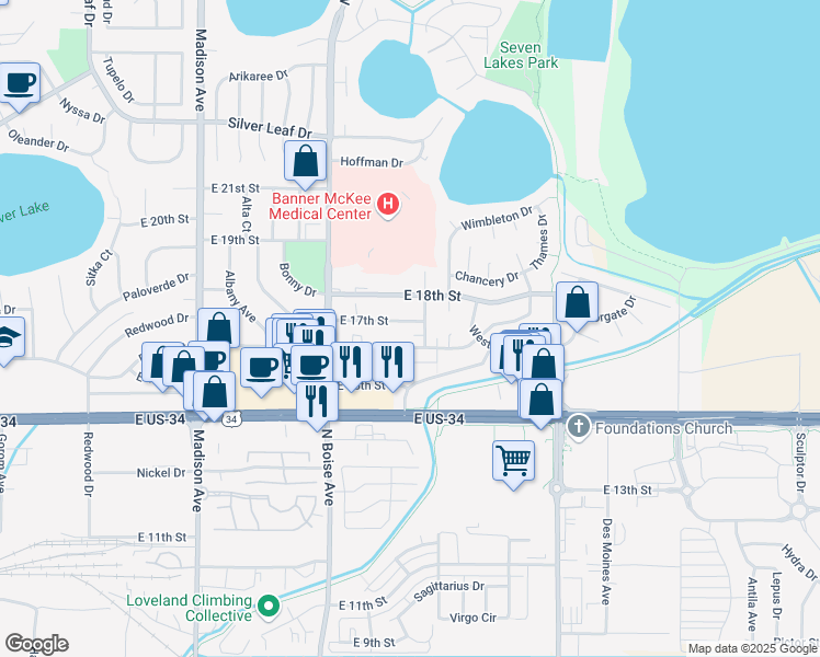 map of restaurants, bars, coffee shops, grocery stores, and more near 1828 East 17th Street in Loveland