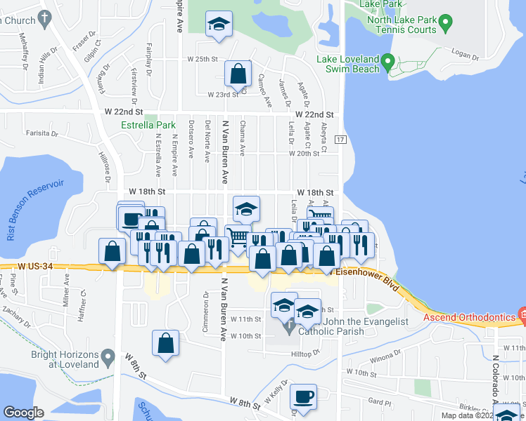 map of restaurants, bars, coffee shops, grocery stores, and more near 1714 North Cameo Avenue in Loveland