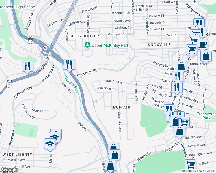 map of restaurants, bars, coffee shops, grocery stores, and more near 327 Caperton Street in Pittsburgh