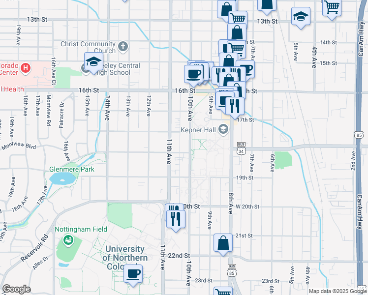 map of restaurants, bars, coffee shops, grocery stores, and more near 1017 Cranford Place in Greeley