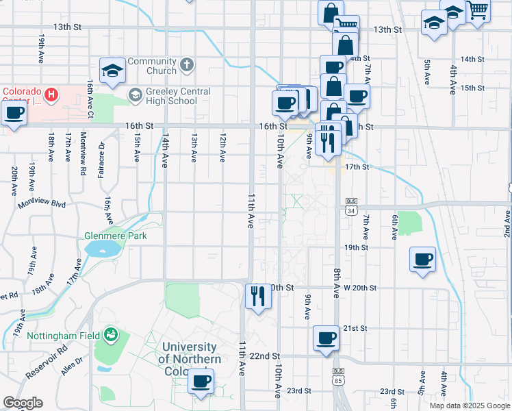 map of restaurants, bars, coffee shops, grocery stores, and more near 1017 Cranford Place in Greeley