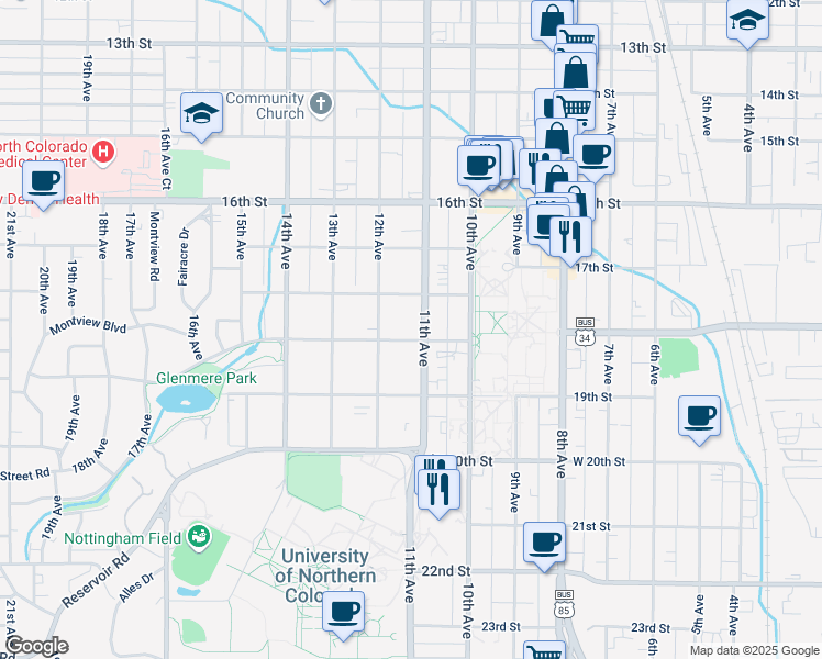 map of restaurants, bars, coffee shops, grocery stores, and more near 1115 Cranford Place in Greeley
