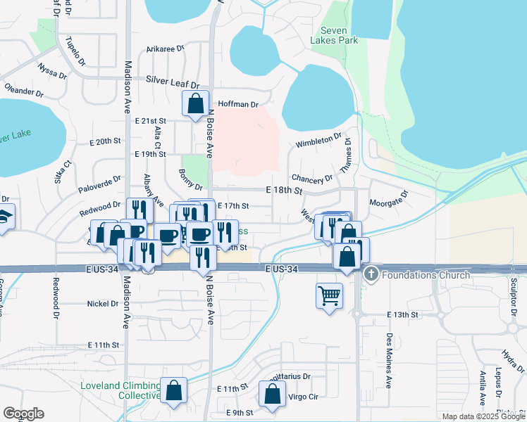 map of restaurants, bars, coffee shops, grocery stores, and more near 1804 East 17th Street in Loveland