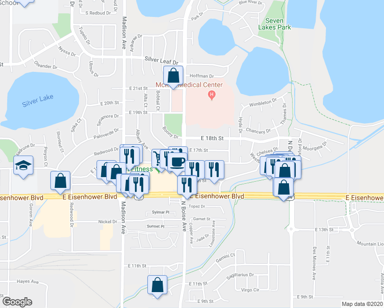 map of restaurants, bars, coffee shops, grocery stores, and more near 1644 East 17th Street in Loveland