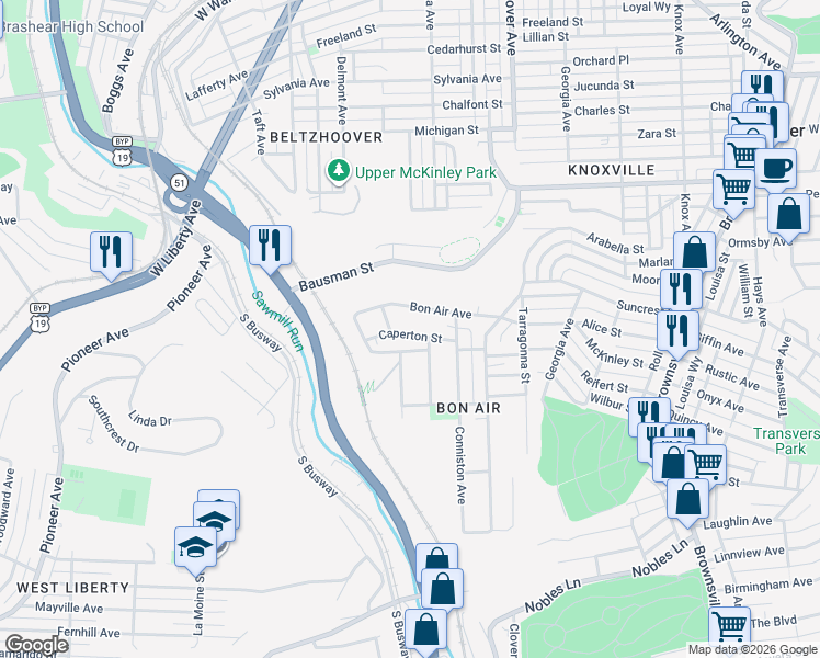 map of restaurants, bars, coffee shops, grocery stores, and more near 327 Caperton Street in Pittsburgh