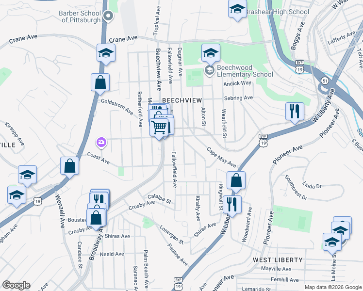 map of restaurants, bars, coffee shops, grocery stores, and more near 1617 Fallowfield Avenue in Pittsburgh