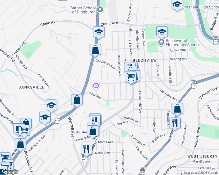 map of restaurants, bars, coffee shops, grocery stores, and more near 1609 Alverado Avenue in Pittsburgh