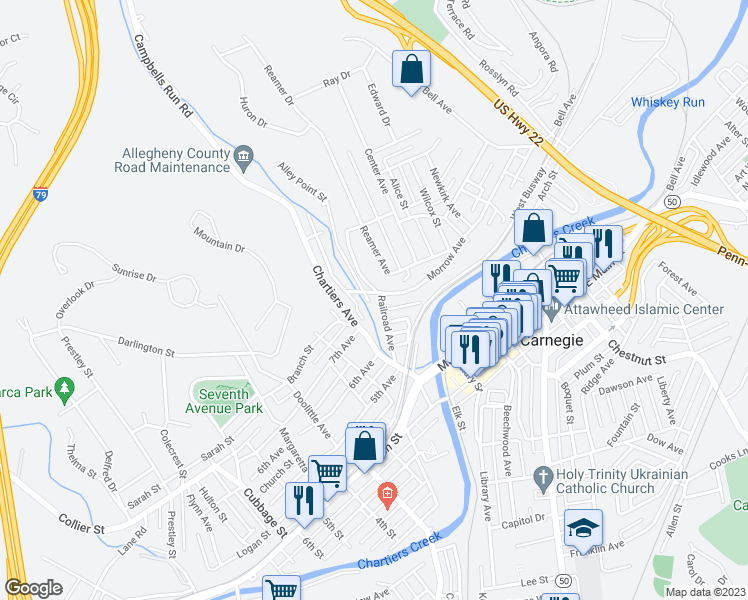 map of restaurants, bars, coffee shops, grocery stores, and more near 225 Railroad Avenue in Carnegie