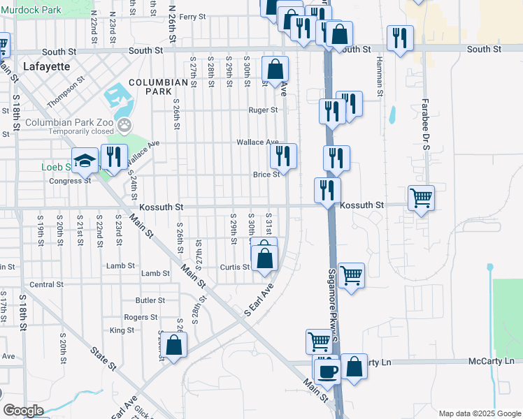map of restaurants, bars, coffee shops, grocery stores, and more near 3015 Kossuth Street in Lafayette