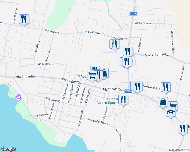 map of restaurants, bars, coffee shops, grocery stores, and more near Via Tartana in Taranto