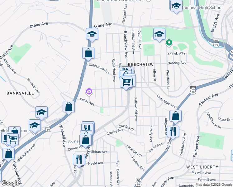 map of restaurants, bars, coffee shops, grocery stores, and more near 1611 Rutherford Avenue in Pittsburgh