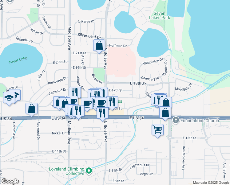 map of restaurants, bars, coffee shops, grocery stores, and more near 1644 East 17th Street in Loveland