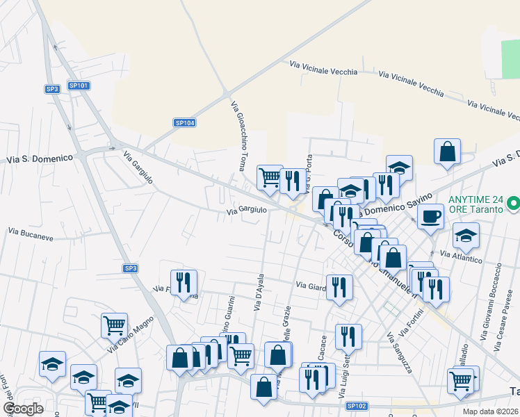map of restaurants, bars, coffee shops, grocery stores, and more near 3 Via Gargiulo in Taranto