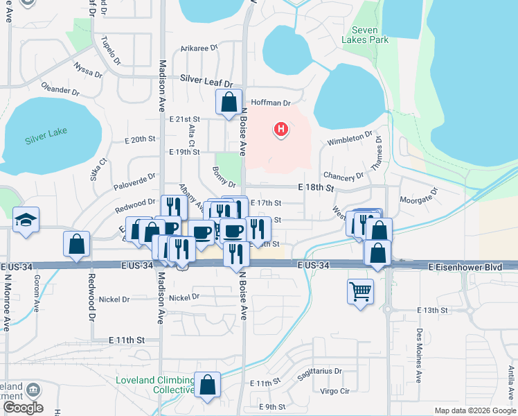 map of restaurants, bars, coffee shops, grocery stores, and more near 1644 East 17th Street in Loveland